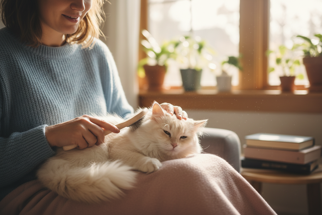 can you generate a picture with a human caring for a cat